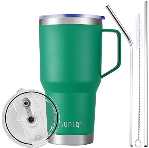 SUNTQ 30 cl tumlare med handtag – återanvändbar resekaffekopp med sugrör och lock – dubbelvägg vakuumisolerad kaffemugg – rostfritt stål termisk kopp för varma och kalla drycker (grön)