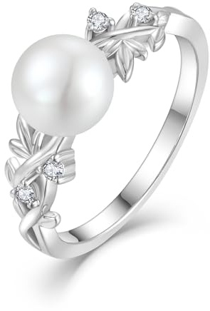 RGEMCY Pearl Ring with Leaf 925 Sterling Silver Cubic Zirconia 7 mm Freshwater Cultured White Pearl Rings for Women Daily Dress Wedding Anniversary Statement Engagement Ring for Wife Mother Her Size 6