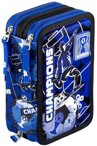 Julian Ross 3-Fach Federmäppchen für Jungen – 45-teilig komplett gefüllt – Schere, Kleber, Buntstiften - Fußball-Design Champions Schwarz Blau – ideal für Schule & als Geschenk