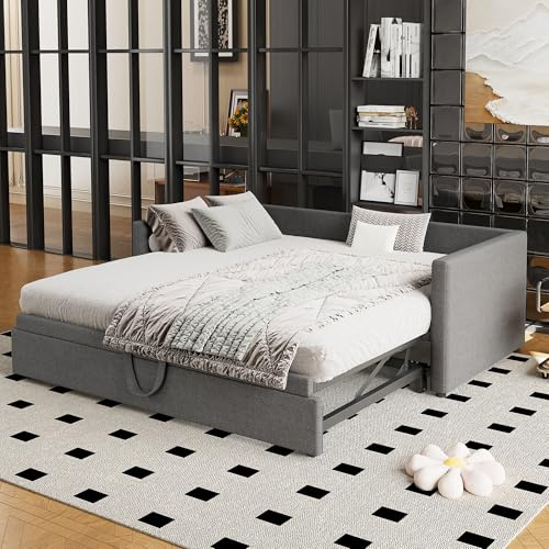 BTM 3FT Day Bed with Trundle(90x180cm), can be Joined into a Double Bed(180x190cm), Pull Out Sofa Bed, Grey Linen