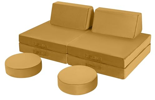 MeMoreCool Divano da gioco per bambini, modulare, per camera dei giochi, 8 pezzi, divano per bambini, pieghevole, set da gioco, divano per bambini con funzione di sonno, per ragazze e ragazzi, giallo