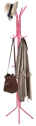 Coat Stand 12 Hooks 175cm 3-Tier Metal Coat Rack with Umbrella Holder Pink | Freestanding Coat Rack with 12 Hooks and 3-Tier Storage, Ideal for Coats, Hats, Bags and Umbrellas in Hallways and Offices