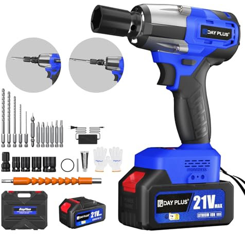21V Avvitatore a Impulsi Brushless,Chiave Elettrica 3 in 1,3400 RPM,coppia massima di 550 N.M,con 4 bussole,12 punte per cacciavite, batterie da 4.0Ah,per il settore automobilistico e per la casa,blu