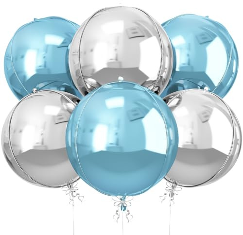 6Pcs Blue Silver Round Foil Balloons, 22inch 4D Metallic Silver Blue Balloons, Large Round Foil Ball Balloon for Men Birthday Graduation Wedding Anniversary Party Backdrop Decoration