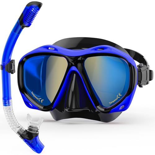MELUMILU Snorkeling Gear for Adults, Snorkel Mask With Mirrored Tempered Glass Lens 180° Wide View Anti-Fog Scuba Diving Mask, Professional Snorkel Set for Swimming Diving, Gifts for Women Mom Men Dad