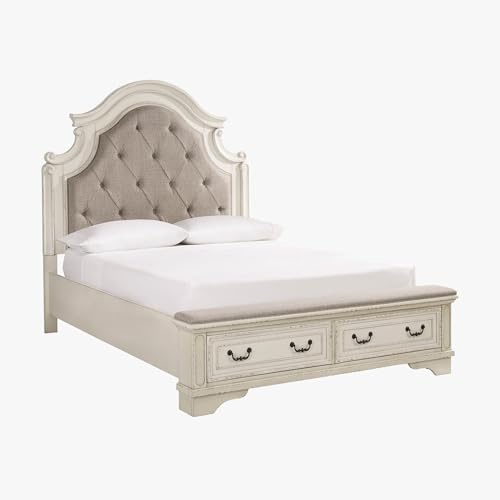 Signature Design by Ashley Realyn Traditional Upholstered Tufted Queen Storage Platform Bed with 2 Drawers, Foundation or Box Spring Not Needed, White & Beige