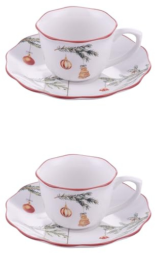 Villa d'Este Home Tivoli 1996 Lot de 2 tasses à café avec soucoupe 100 ml en porcelaine, décoration de Noël, brin