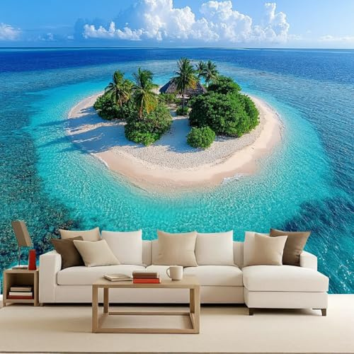Papel Pintado Océano Isla Tropical Palmeras Paisaje 200x140 cm Efectos 3D Papel Tapiz Fotográfico Tejido No Tejido Mate Póster Fotomurales Decoración Pared Para Dormitorio Salón Decorativos Murales
