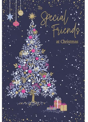 IC&G Christmas Card for Special Friends - Festive Tree & Presents Design - Embossed Foil Finish - Premium Quality Special Christmas Greeting Card with Envelope
