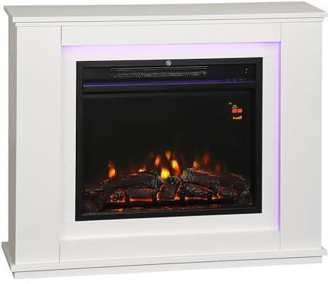 HOMCOM Electric Fireplace with Surround, 32 2000W Inset Electric Fire and Mantel Reach up to 30 m² with 12 Colours Realistic Flame Effect & 5 Brightness, Remote & Timer for Living Room, White