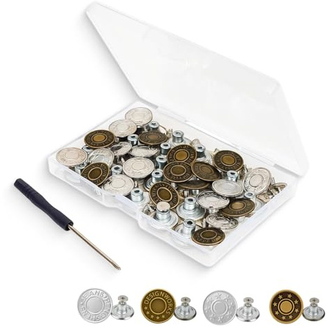 40PCS Jeans Buttons, Replacement Trouser Buttons, 17mm Metal, No-Sew Kit for Jeans Repair, DIY Denim Buckles for Trousers Jackets Overalls and Clothes Replacement with Box