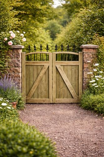 Wooden Swan Neck Driveway Gates – Heavy Duty Treated Timber Double Gates, Garden & Driveway Entrance, Traditional (180cm High x 300cm Wide x 5cm Deep)