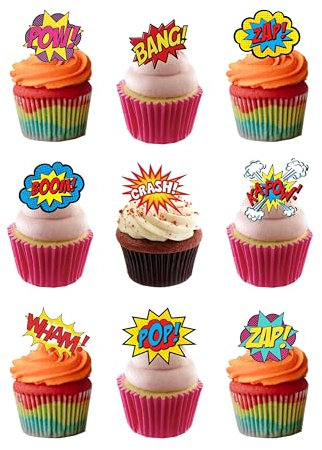 24 Stand Up Premium EDIBLE Wafer Paper Super Hero Retro Zap Pow Comic Book Style Cake Toppers Decorations by Top That