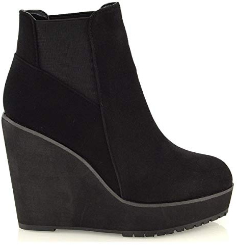 ESSEX GLAM New Womens Wedge Heel Chelsea Chunky Cleated Platform Ladies Ankle Boots Shoes Size 3 4 5 6 7 8 (UK 4 / EU 37 / US 6, Black Faux Suede)
