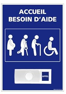 Signalétique.biz France, Panneau de signalisation ACCUEIL BESOIN D'AIDE + Sonnette intégrée (G1167), 15 x 21 cm (150 x 210 mm), PVC rigide 1,5 mm