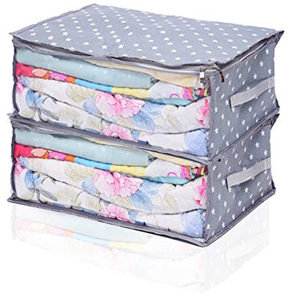 Kleine faltbare Aufbewahrungstasche mit Reißverschluss, großes Klarsichtfenster und Tragegriffe, ideal für Kleidung, Decken, Schrank, Pullover-Organizer (2 Stück) (M)