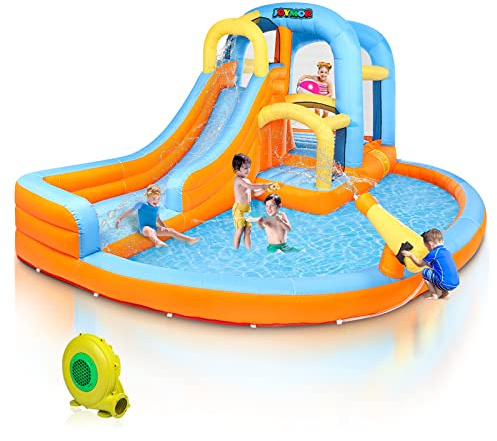 JOYMOR 5-in-1 Inflatable Water Slide Park, Water Bounce House w/Air Blower, Climbing Wall, Double Jump Area, Splash Pool, Water Cannon, Wet or Dry Combo Castle Outdoor Backyard Playhouse for Kids