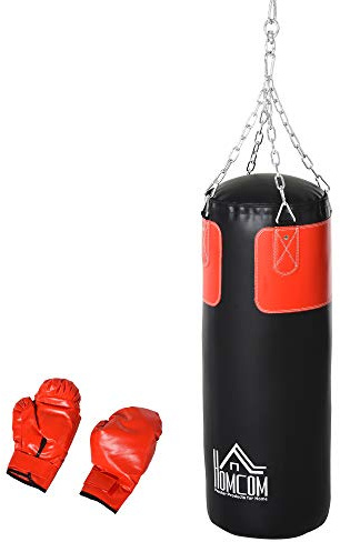 HOMCOM Set di sacchi da boxe con guantoni da boxe Set per adulti giovani Sacco da boxe pesante appeso 16 KG Ø30 x 120 cm Nero+Rosso