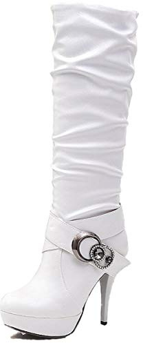 ORANDESIGNE Damen High Heels Plateau Stiefel mit hohen Absätzen Stöckelschuhe Elegante Stiefel mit Strasssteinen Gürtelschnalle C Weiß 43 EU