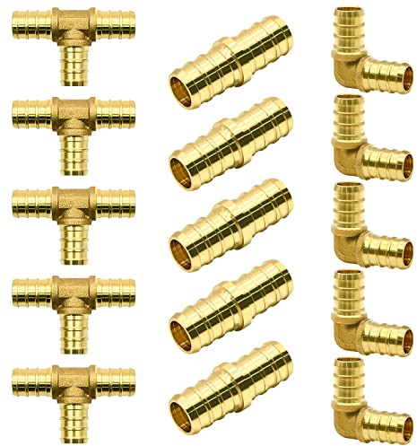 15pcs 1/2 PEX Fittings, Elbow TEE Straight Couplings Set, PEX Brass Crimp Fitting Combo with Tees, Elbows, Straights
