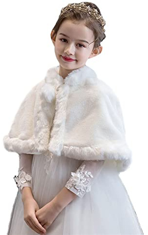 SK Studio Fausse Fourrure Boléro Cape Filles Mariage Bolero Cape de Demoiselle pour Robe Mariage Cérémonie Blanc, 7-11 Ans