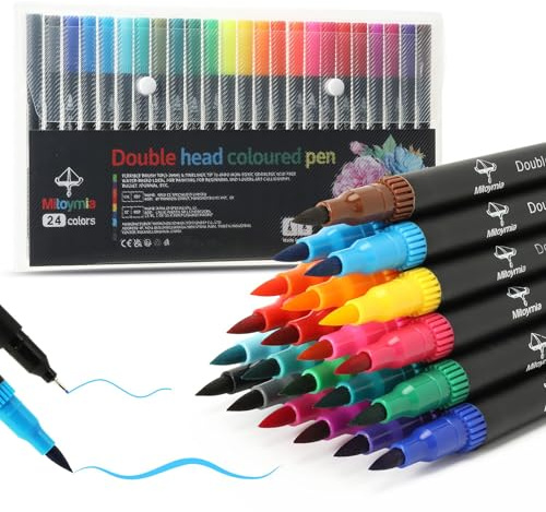 Mitoymia 24 Dual Tip Colouring pens,Colouring Books for Felt Tips for Adults and kids or children, coloured drawing brush pens art pens Set markers