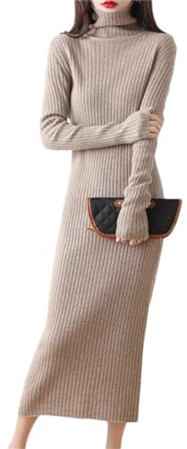 Vsadsau Donna 100% Pura Lana Merino Plus Vestito Più Lungo Tinta Unita Slim Maglioni Collo Alto Abiti Maglione, Khaki9, M