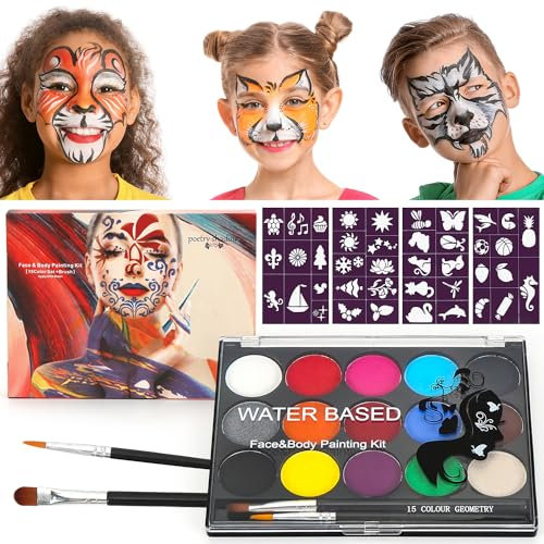 Kinderschminke Set, Kinder Schminken mit 15 Bodypainting Farben, Gesichtsschminke Kinder, Face Paint mit 2 Pinsel und 4 Tattoo Vorlagen für Theaterschminke Fasching Halloween Karneval Schminke