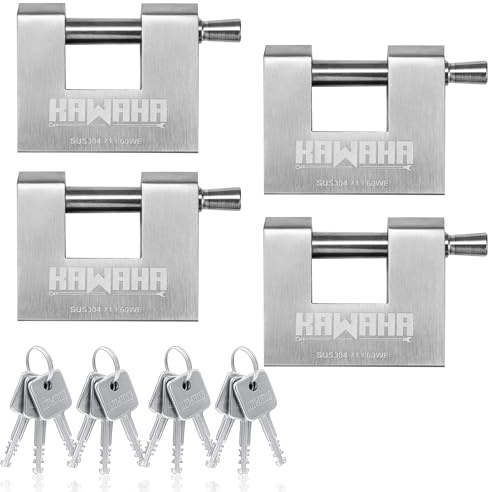 KAWAHA 71/60-4PS Cadenas en acier inoxydable en forme de D avec clé en acier inoxydable pour porte de garage, conteneurs, cabanon, casier et entrepôt (7 cm, clé commune - pack de 4)