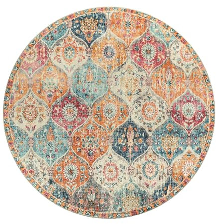 kyaoayo Runder Vintage Boho Teppich - Waschbar, Kurzflor, rutschfest für Esszimmer Schlafzimmer - In & Outdoor Modern Mandala Bedruckt (Orange, Durchmesser 80CM)