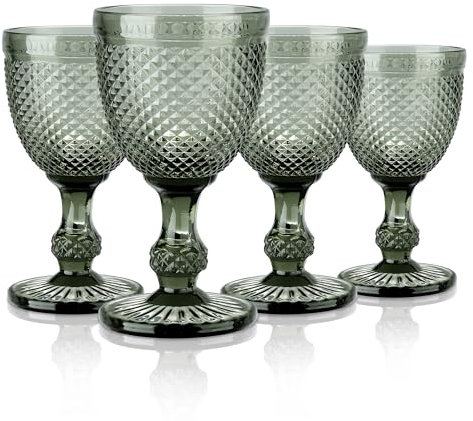 Joeyan Set de 4 Copas de Vino Vintage Gris, 270ml Copas de Vidrio con Relieve Elegantes, Juego de Copas Vino Colores Retro con Pie,para Lavavajillas,para Fiesta Boda o Bautizo
