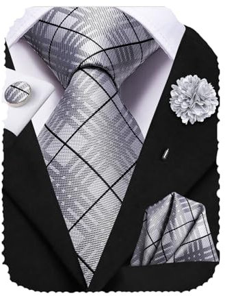 Hi-Tie Silk Men's Tie and Pocket Square Cufflinks Lapel Pin Set Jacquard Wedding Business Necktie for Formal,Grey