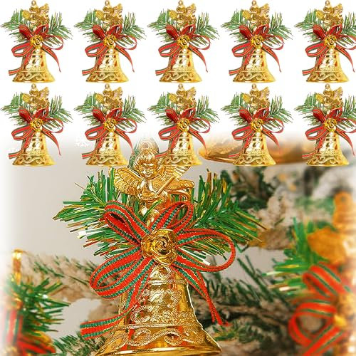 XUBX 12PCS Árbol de Navidad Campana de Navidad Guirnalda Adorno de Navidad, DIY Decoraciones de Navidad, Decoración de Metal Campanas con Cintas, para el árbol de Navidad, Decoración del Hogar