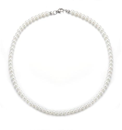 HSWYFCJY 6/8 mm pärlhalsband män kvinnor halsband vit rund falsk pärlkedja 40/45/50/55/60 cm längd pärlor choker kedja pärlor smycken gåvor för män kvinnor, Rostfritt stål, Ingen ädelsten