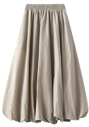 Jemmsia Women's Midi Skirt A-line Lantern Skirt with Pockets Soft Long Pleated Skirt High Waisted Elastic Bottomed Mid Casual Skirt for Ladies