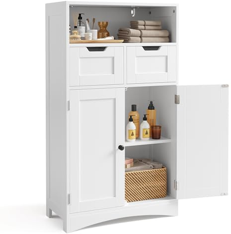 Bealife Mueble de Baño, Armario de Piso, Armario de Almacenamiento con 2 Puertas, 2 Cajones, Estante Ajustable, para Baño, Pasillo, 60 x 30 x 108 cm (Blanco)