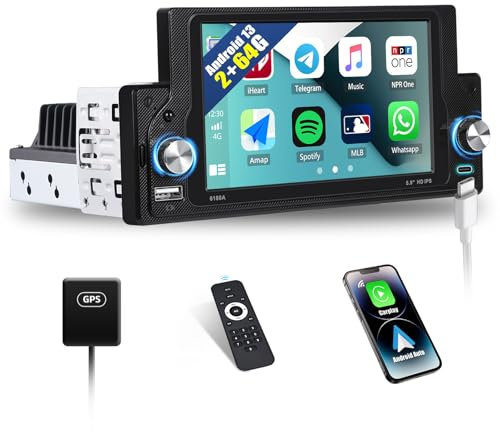 [2+64G] SIXWIN 1 DIN Android 13 Radio Coche con CarPlay&Android Auto, 5,9 Pulgadas Pantalla Táctil con WiFi/GPS/Bluetooth/FM/RDS/EQ/SWC/USB/Tipo-C