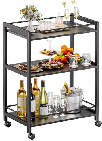 HITNET Servierwagen Schwarz, Rollwagen, Barwagen mit Rollen 3 Ebenen, Getränkewagen für Küche Esszimmer Wohnzimmer