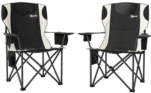Outsunny Set of 2 Folding Camping Chairs, Padded Camping Chairs with Adjustable Armrests, Portable & Lightweight Folding Camp Chair with Cooler Bag, Cup Holder and Side Pockets, Black