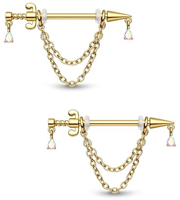 CM Crareesi Mania Piercing téton Bijoux or Dagger Nipple Bars 14G acier inoxydable 316l Nipple Barbells with Dangle Teardrop AB CZ Bijoux de piercing pour mamelons