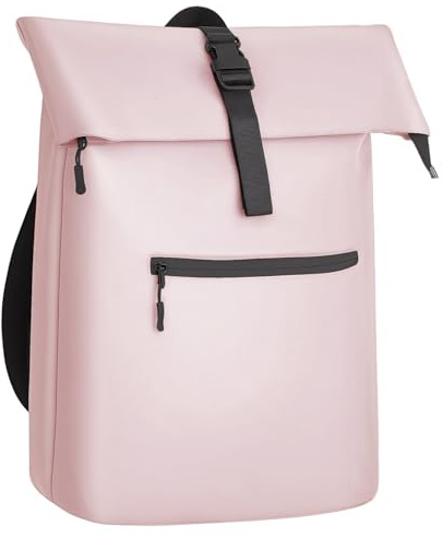 Glamexx24 Sac à dos rolltop imperméable pour femme et homme, grand sac à dos avec compartiment pour ordinateur 17 pouces, idéal pour voyage, vélo, école et travail, Rose clair