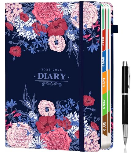 Format A5 Agenda 2025-2026 (Juillet à Juin) ,Organiseur Quotidien 12 Mois avec Pochette Intérieure, Étuis à Stylo et Onglets Mensuels,15x21cm pour Études,Bureau et Gestion du Temps (Fleurs bleu foncé)