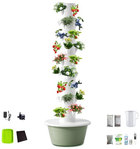 CIELOBLOEN Colonne de Jardin Multifonction 5/7/9 Niveaux, Tour Aéroponique pour Cultiver Fraises et Herbes avec Réservoir Mobile et Design Modulable,9-Layers-Green