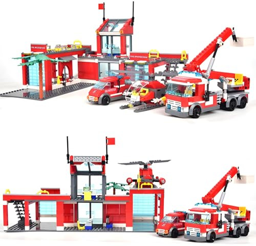 QuirkQuest City Fire Station Building Blocks Set, Including Station Constructions, Truck, Helicopter, Street View Architecture Model Toys, STEM Bricks Gifts for Kids Adults