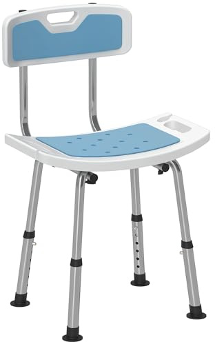 HOMCOM Tabouret de Douche Chaise de Douche pour Personnes âgées et handicapées, avec Dossier, siège incurvé, Hauteur réglable, Patins antidérapants et Support de Pomme de Douche, en Aluminium, Bleu