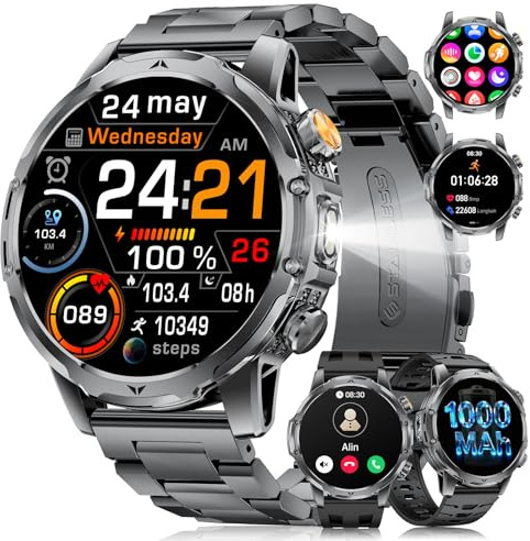 Smartwatch Uomo Militare con 1000mAh/Torcia LED/2 Cinghie, 1.53HD Smart Watch Orologio con Chiamate, 120+ Modalità Sportive, Cardiofrequenzimetro Sonno, IP68 Smart Watch per Android iOS Nero
