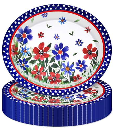 PhyLence 50 Pcs Summer Floral Oval Paper Plates – 9 x 11 Watercolor Wildflower Disposable Plates for Garden Parties, Picnics, BBQs, Spring & Summer Gatherings