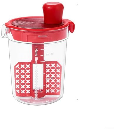 Besttoolifes Batidor manual de huevos y taza de medición con escala, colador de condimentos para aderezo de ensalada, mezclador de aceite y vinagre, máquina de salsa con agujeros de drenaje, PP (rojo)