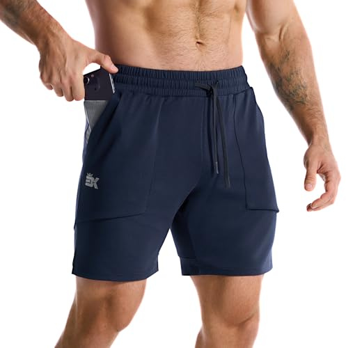 ZENWILL FlotaBols Pantalones Cortos Deporte Cremallera Hombre Pantalón Corto Gym Transpirable,Shorts Elástica Algodón Running(Azul Marino,M)