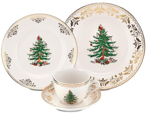 Spode Christmas Tree Gold 4-Piece Holiday Dinnerware Set - Fine Earthenware Tableware with 22K Gold Accents - Dinner Plate, Salad Plate, Teacup & Saucer - Festive Christmas Tableware, Dishwasher Safe